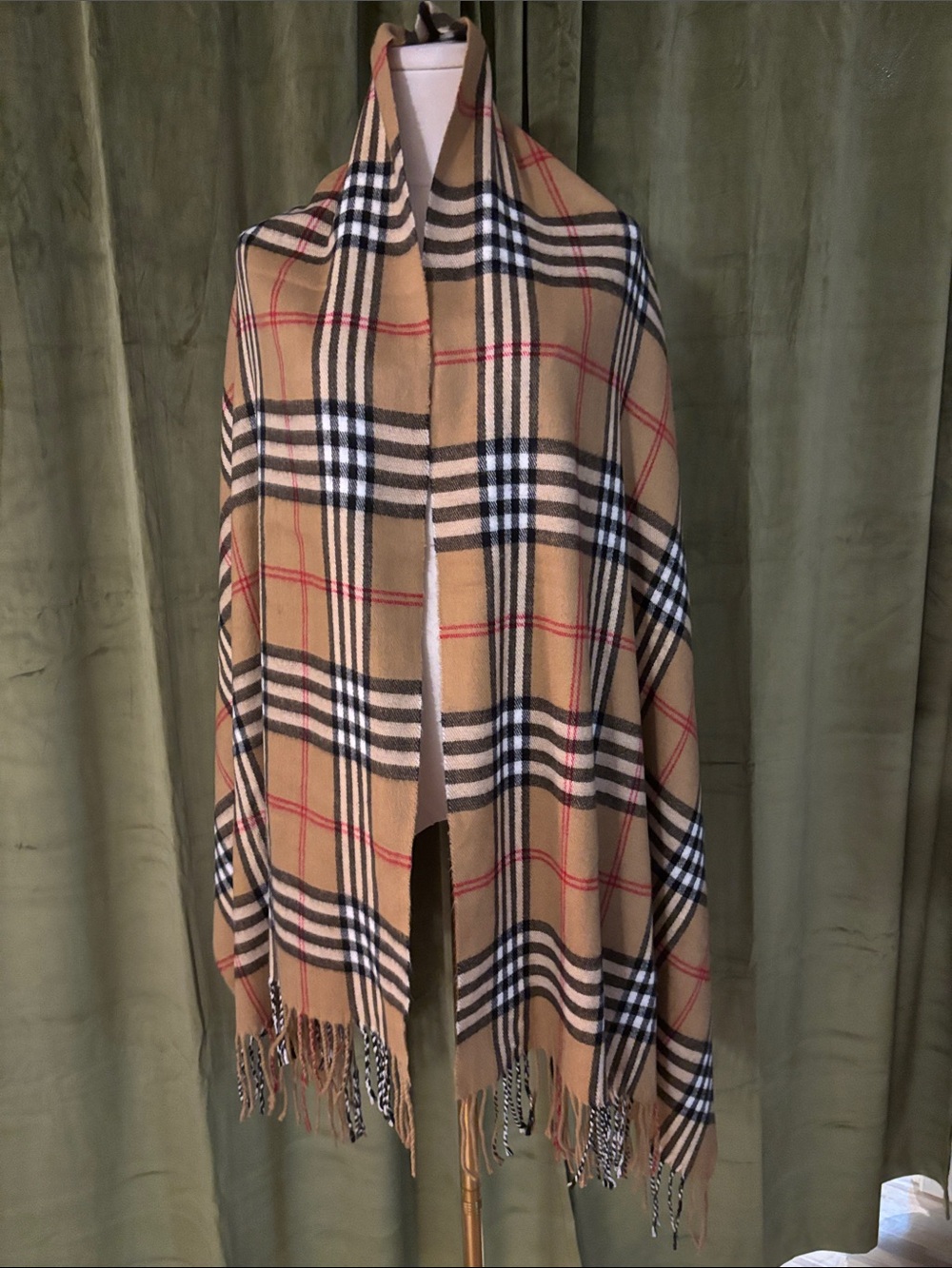 Wool and Cashmere Classic Plaid Fringe Wrap Scarf in Camel, Black & Red, 80x27 I